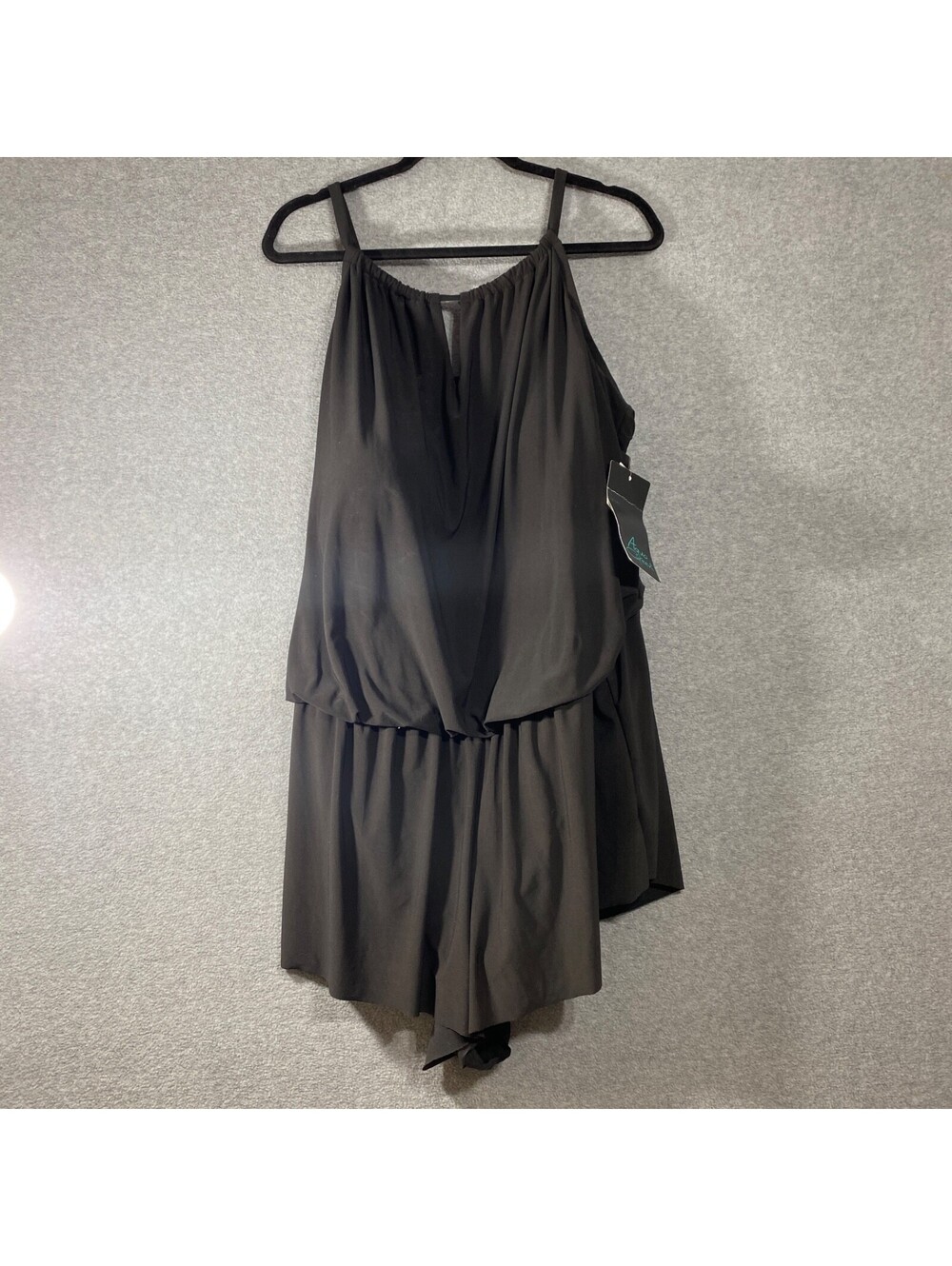 Aqua Green Women’s Black Solid spaghetti  One-Piece Swimdress Boyshorts 26W